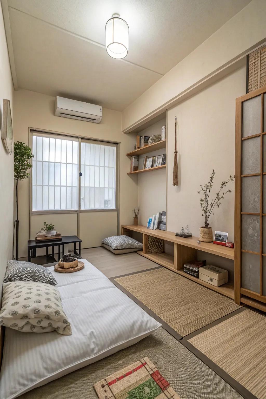 Minimalist aesthetics maintain open and uncluttered small spaces.