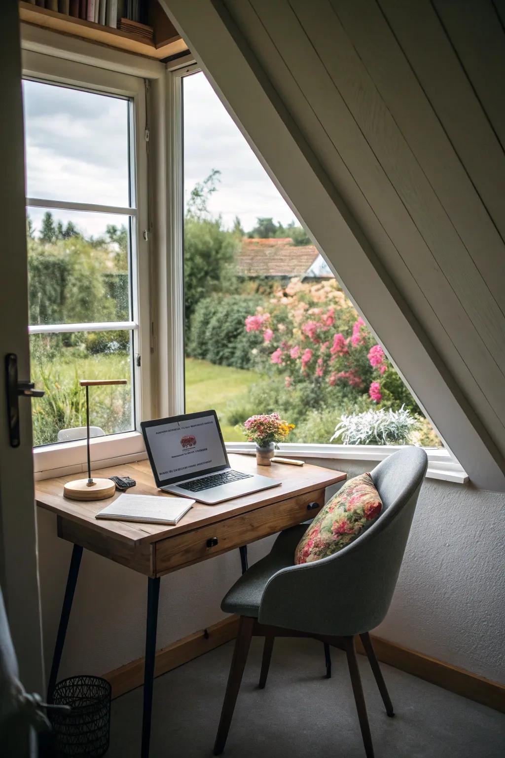 A dormer office extends a serene work milieu.