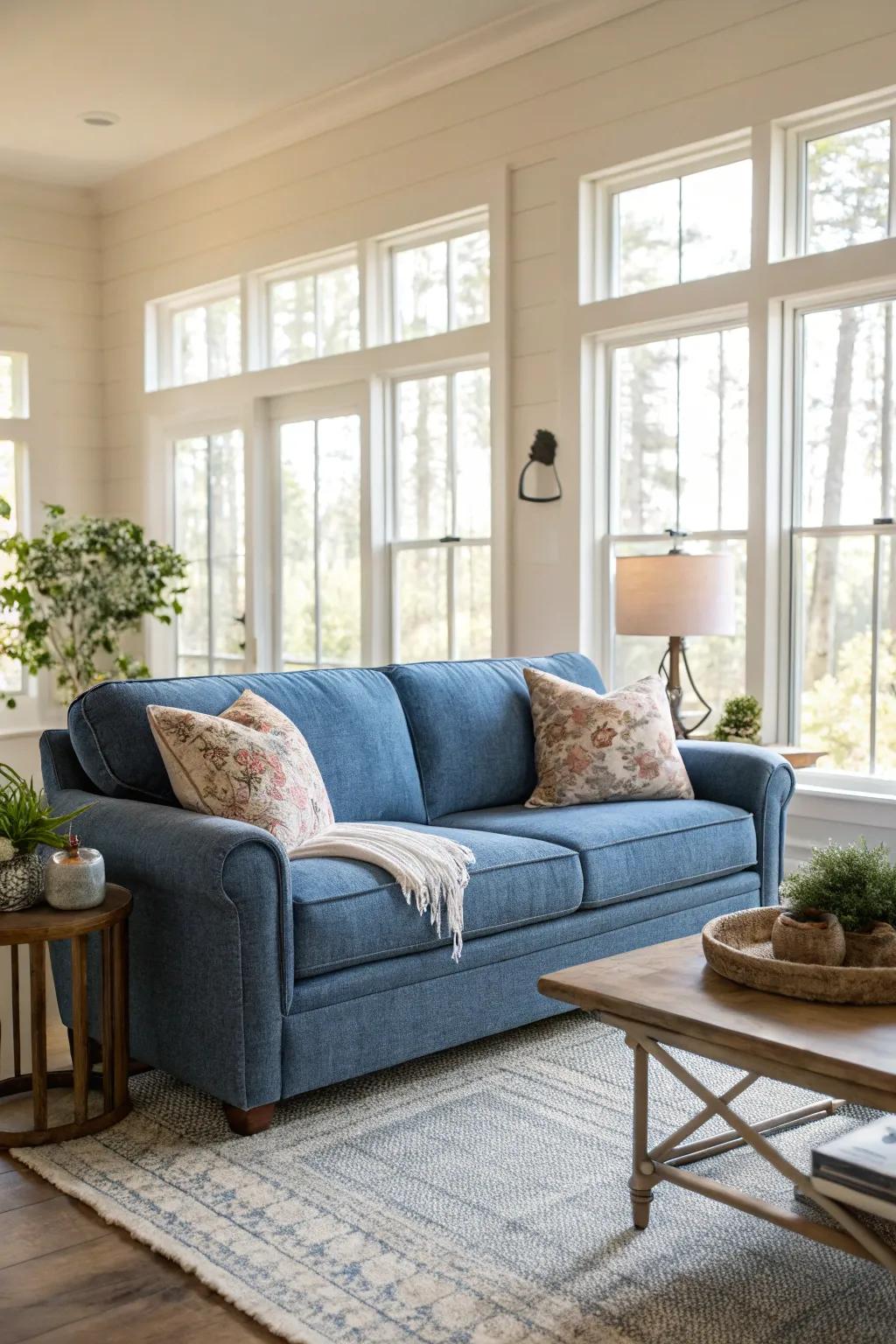 Daylight improves the appeal of a horizon hue couch.