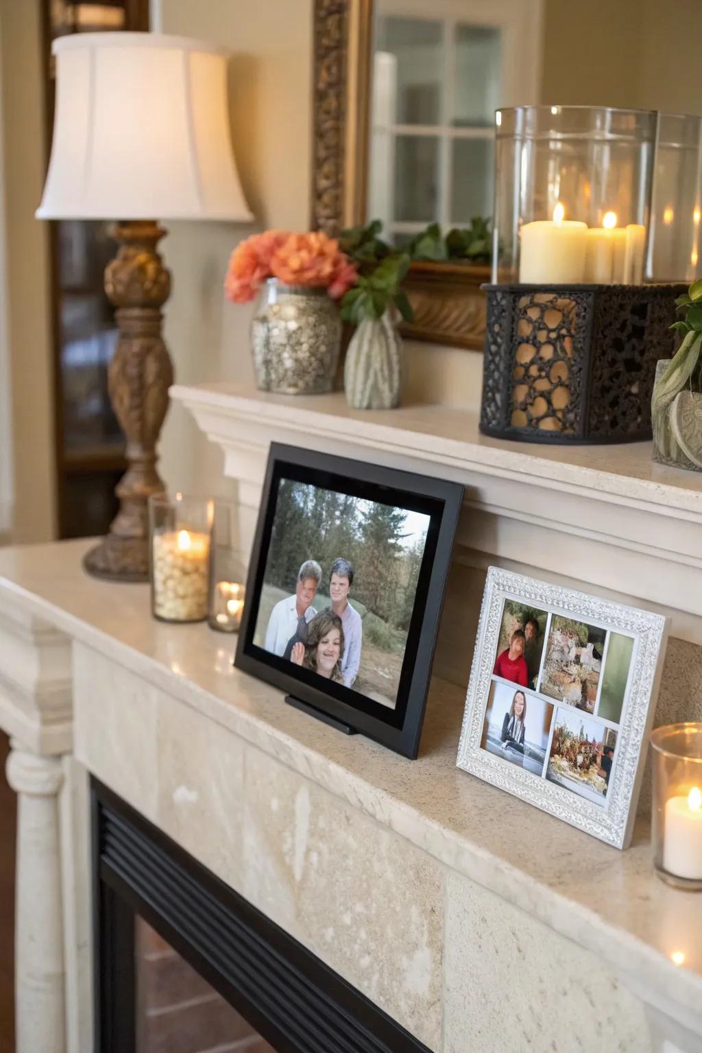 A fireplace ledge transforms into a point of focus with a digital display.
