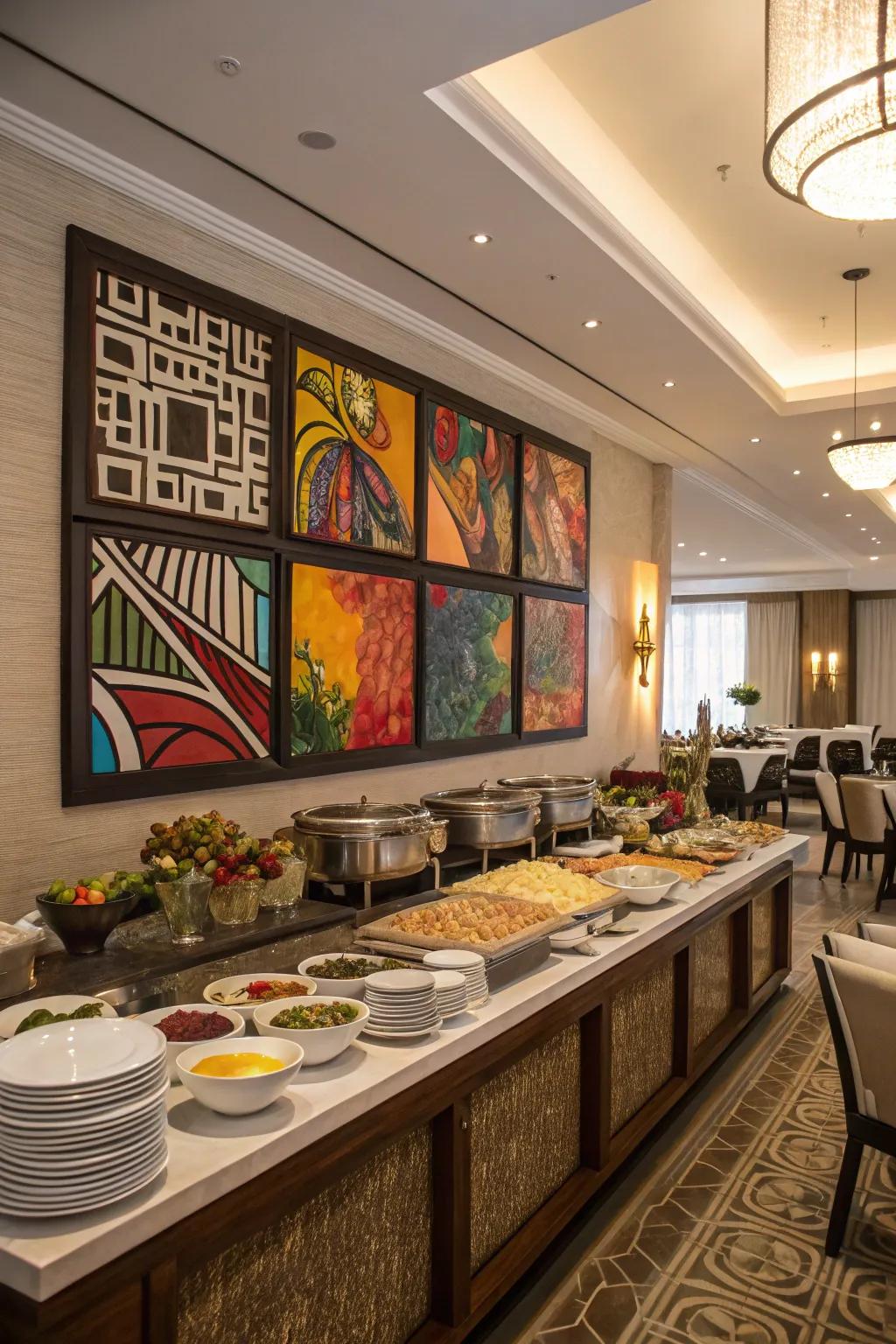 Striking mural art enhances the charm of this dining buffet.