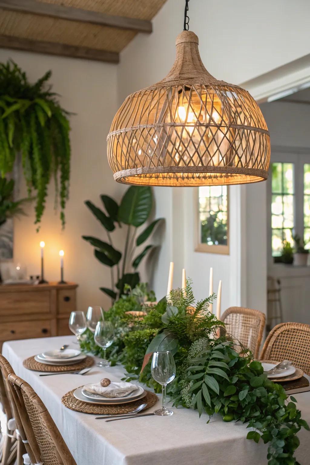 Earthy elegance with a rattan chandelier.