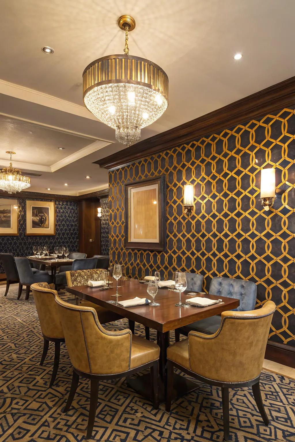Striking wall covering adds depth and character to the dining space.