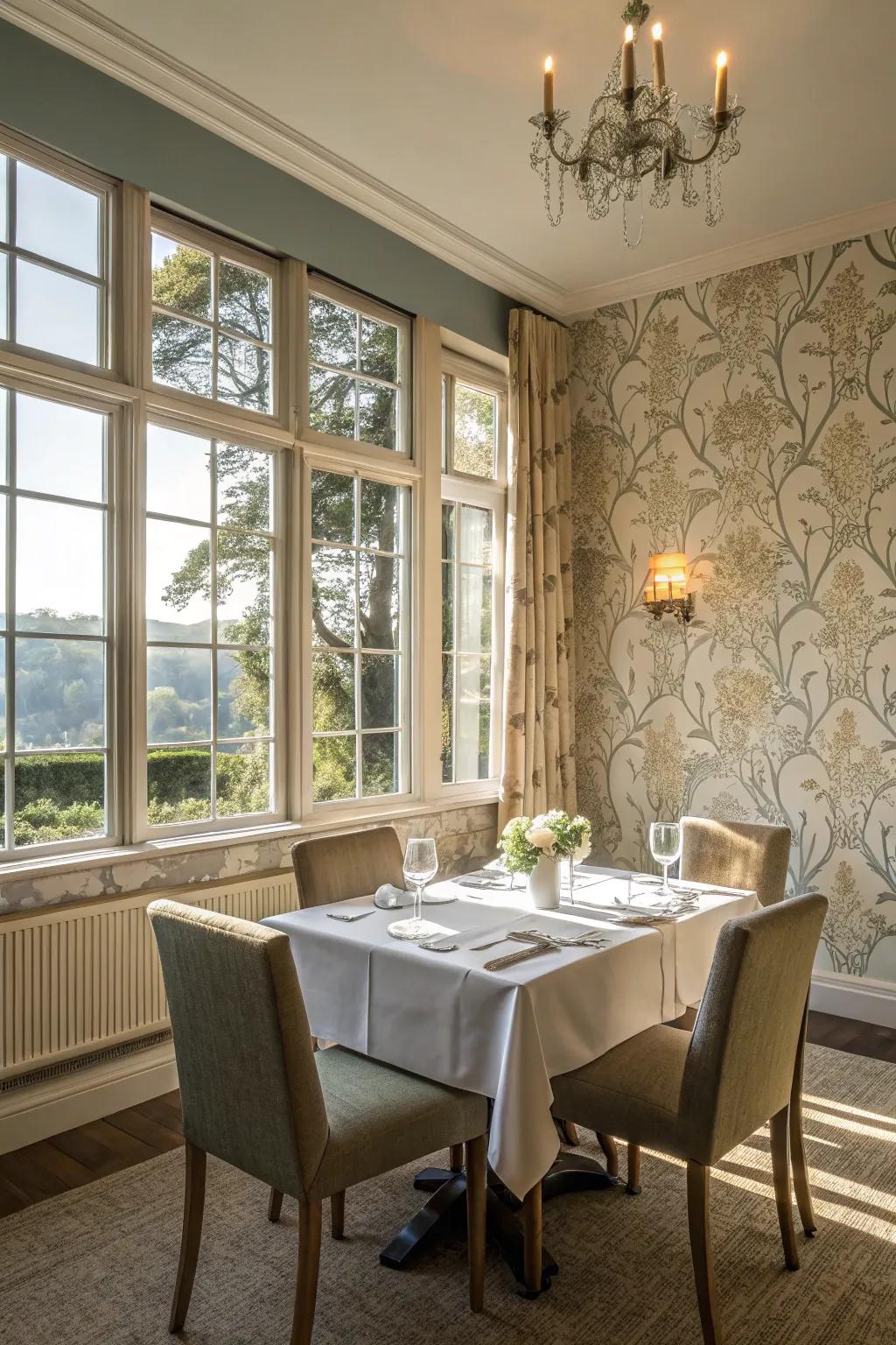 Light-colored wall covering and mirrors enhance all-natural brightness in this dining space.