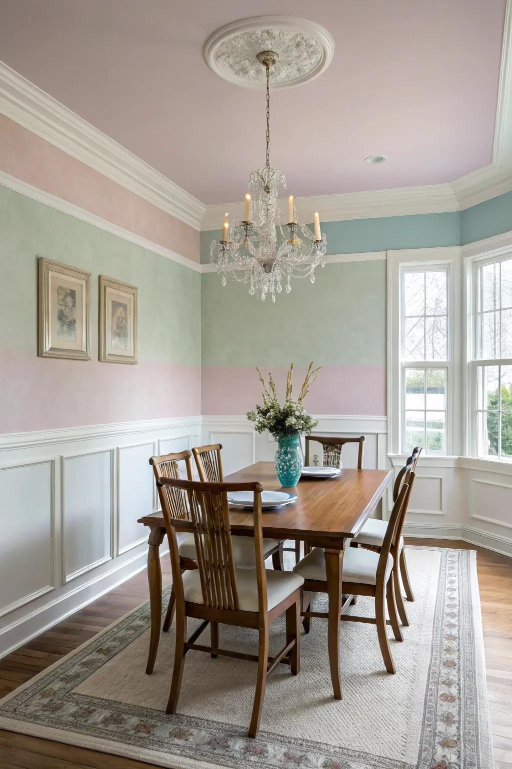 Gentle hues establish a serene and welcoming dining ambiance.