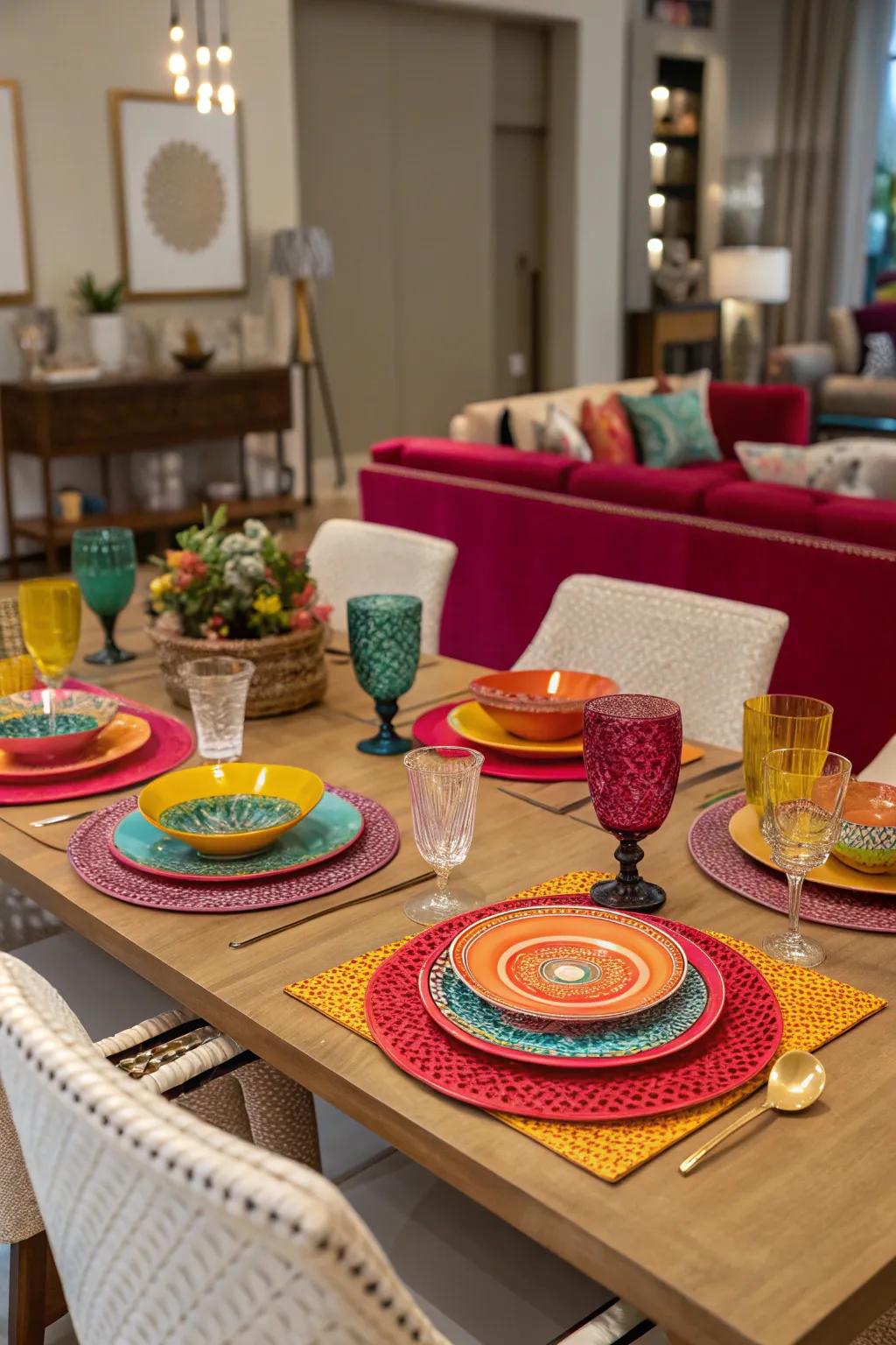 A dining table with ornamentation in bold, complementary colors.