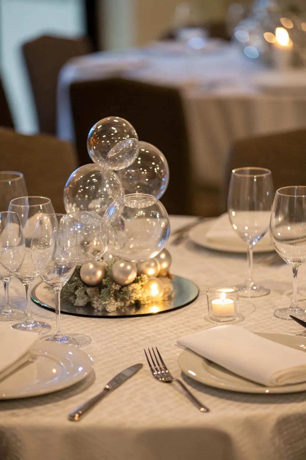 A remarkable centerpiece featuring glass spheres enhances the table.
