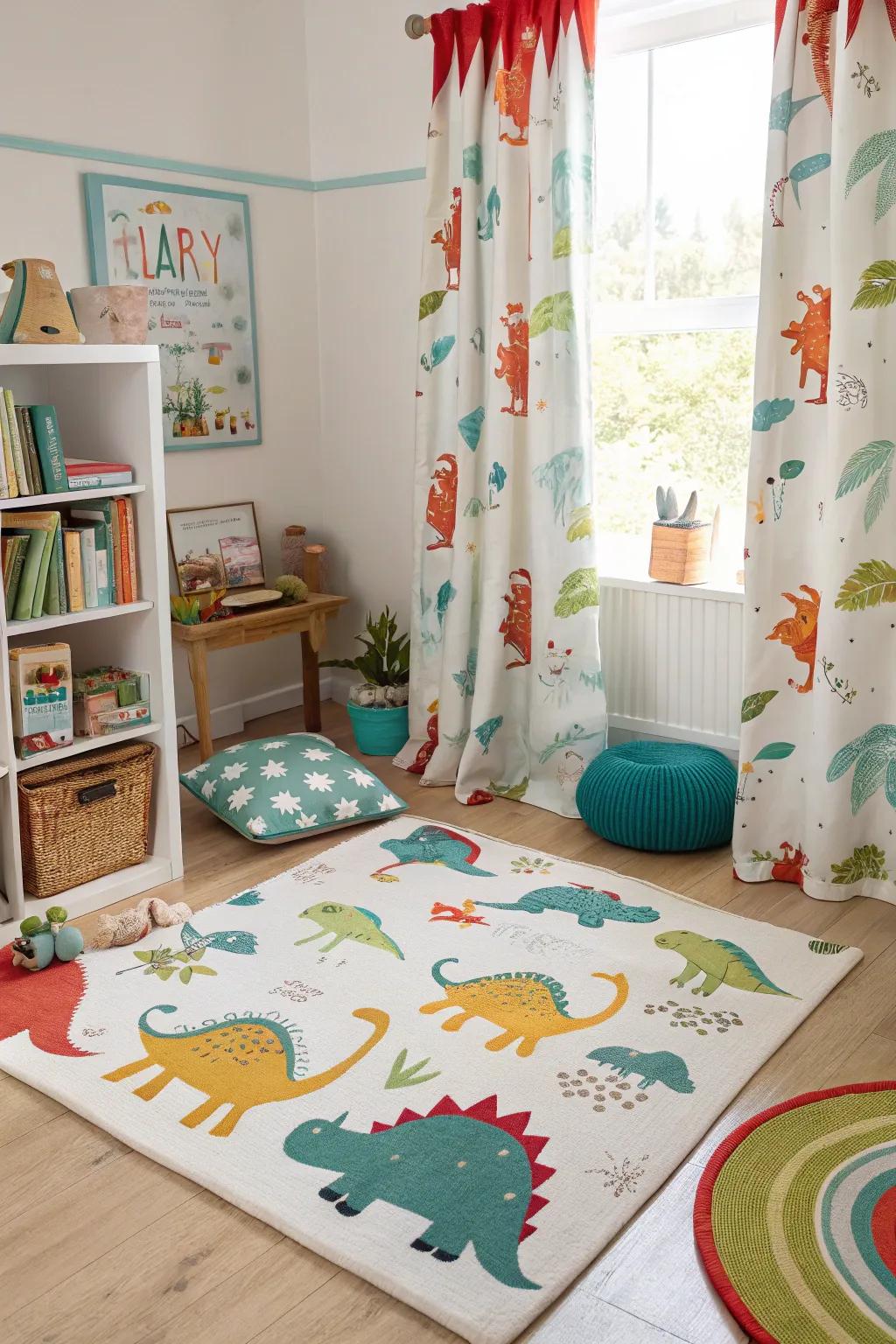 Playful dinosaur-themed rugs and curtains that complete the room's ambiance.