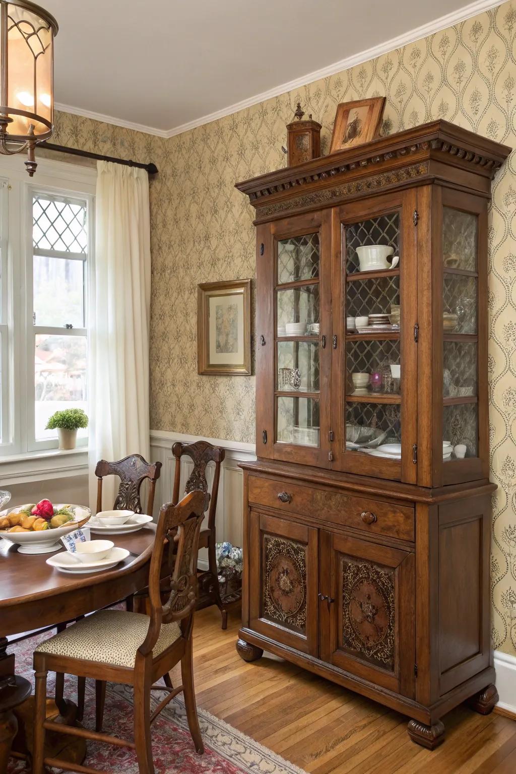 An antiquated cabinet repurposed for canine cuisine storage introduces charm and practicality.