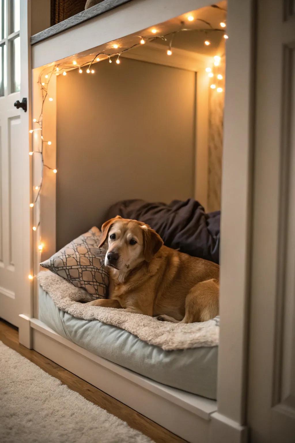 A comfortable corner transformed into a comfortable dog nook with gentle bedding.