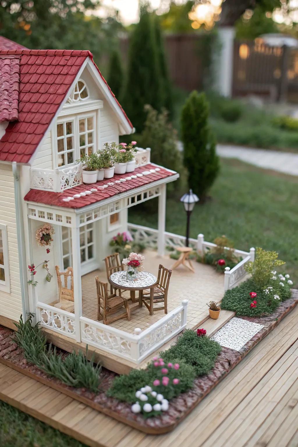 Establish a peaceful exterior retreat for your dollhouse using garden aspects.