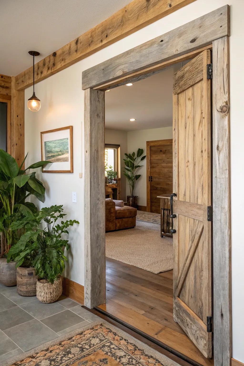 This conscious living area is made more ecologically friendly by the addition of reclaimed wood trim.