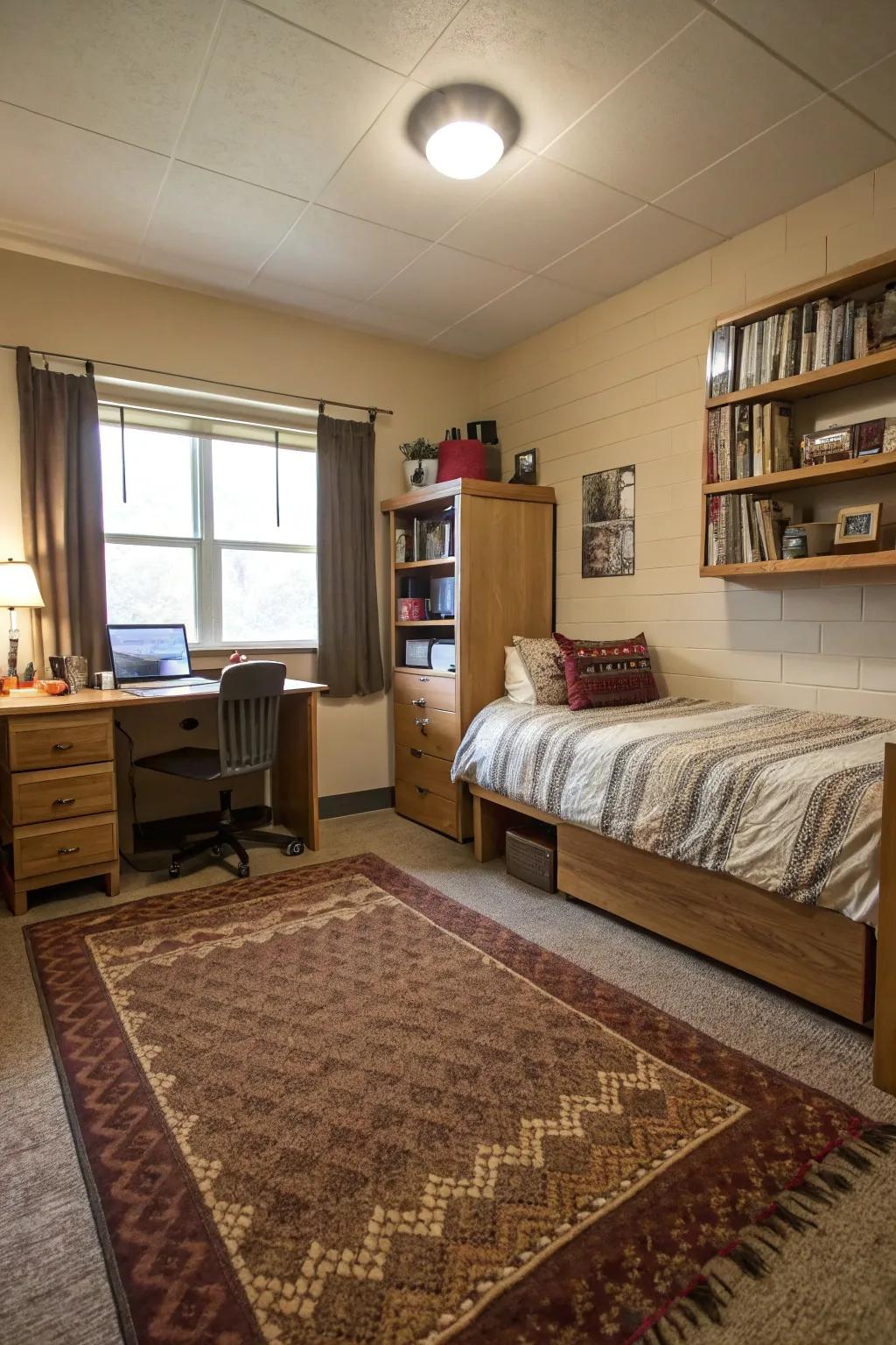 A textured rug in a dorm room that adds warmth and style to the space.