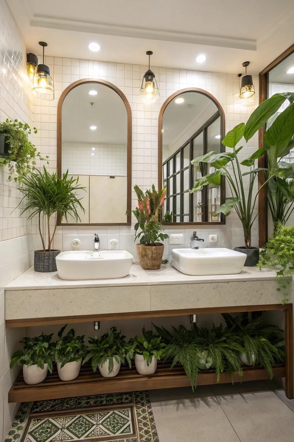 Decorative plants enhance the personal feel of this bathroom with double sinks.