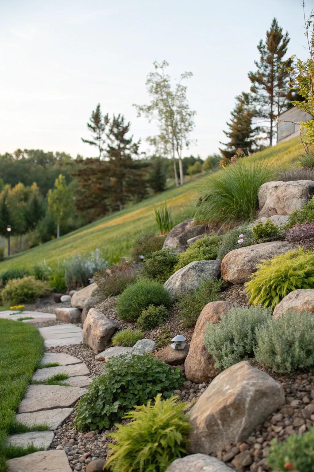 Organic landscaping integrates beautifully with a sloped backyard.