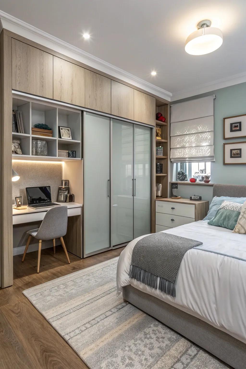 A stylish bedroom featuring multifunctional furniture and a clever design.