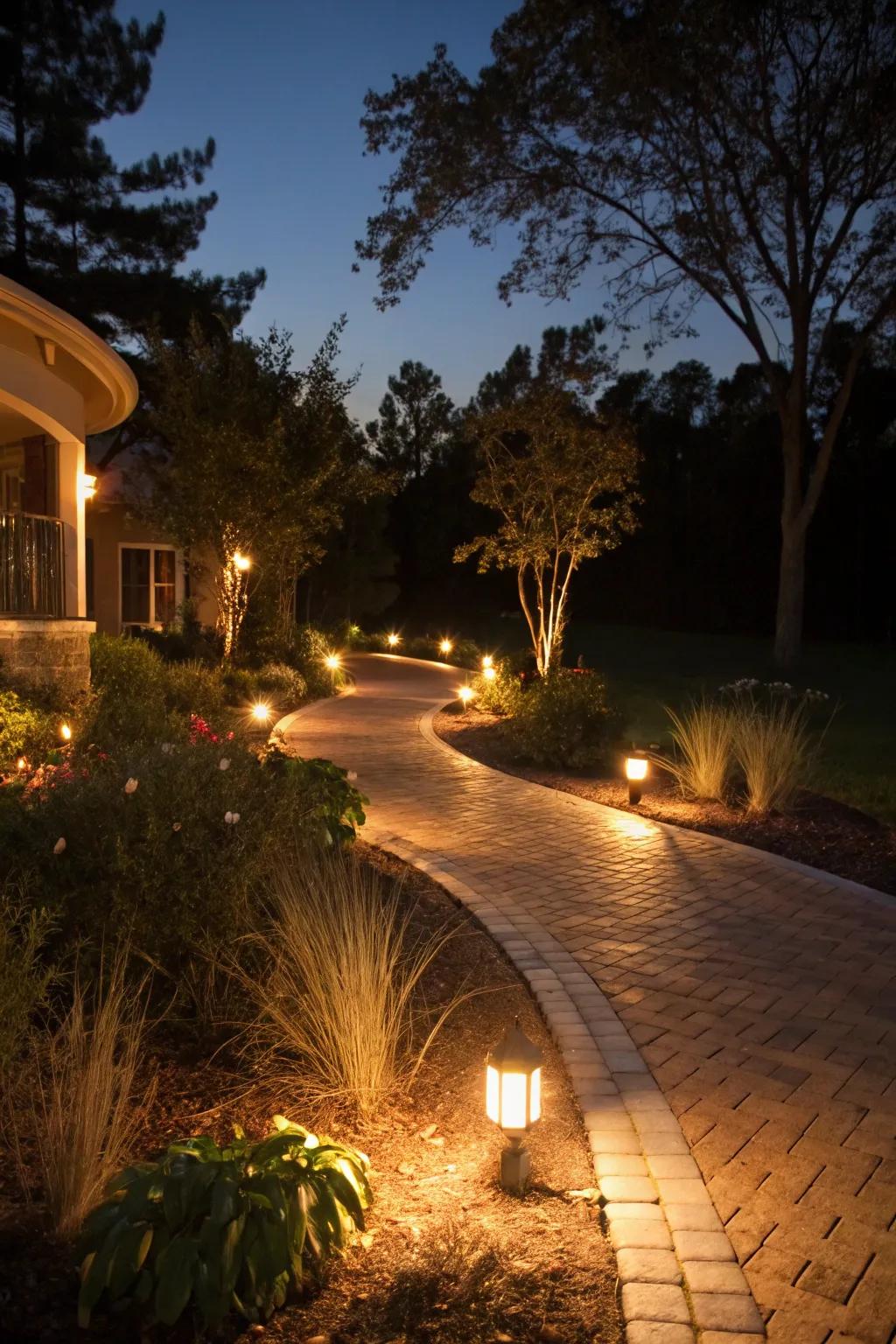 Pathway lighting elevates the berm's enchantment during the evening.