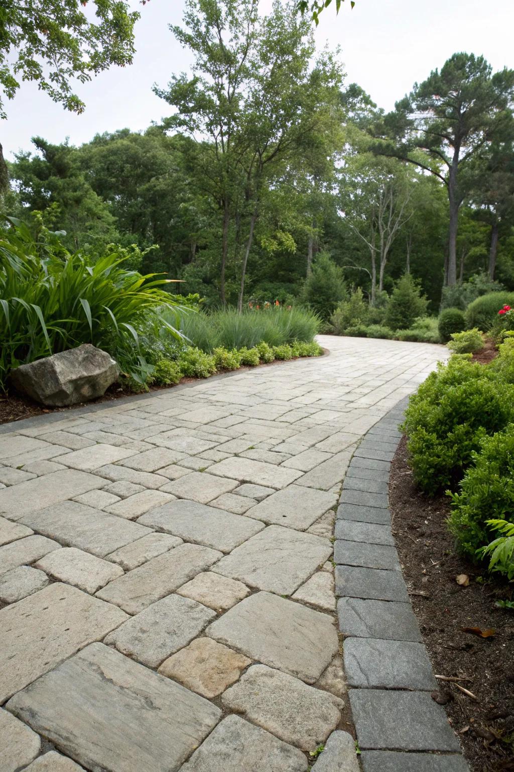 Timeless elegance using unprocessed stone blocks in a lush environment.