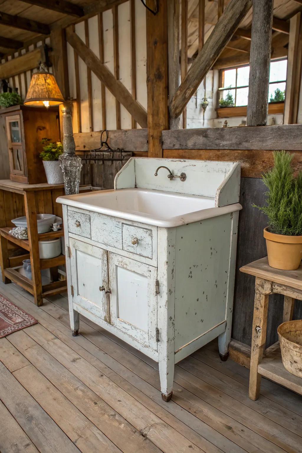 A weathered surface gives this cabinet sink a vintage charm.