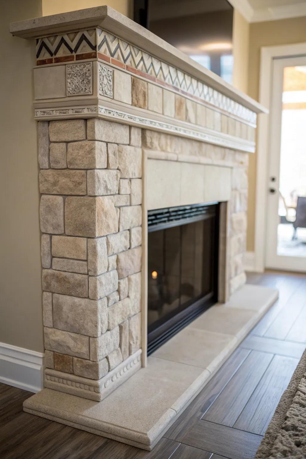 Rock detailing imparts texture to a drywall fireplace.