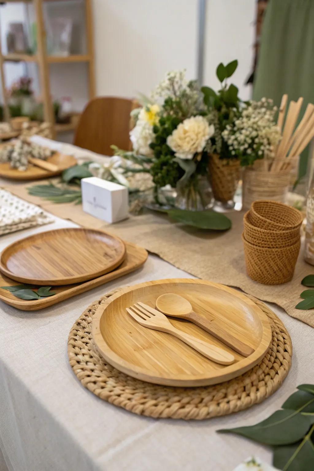 Eco-friendly tableware matches the natural theme.