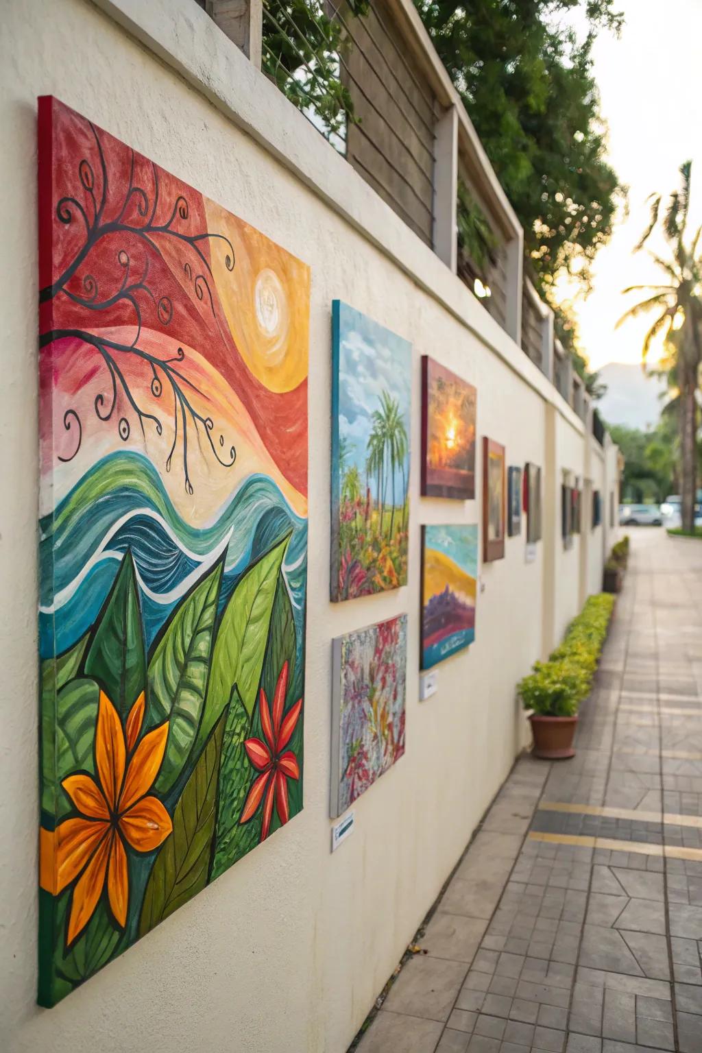 Partition adorned with soil-inspired abstract artwork.