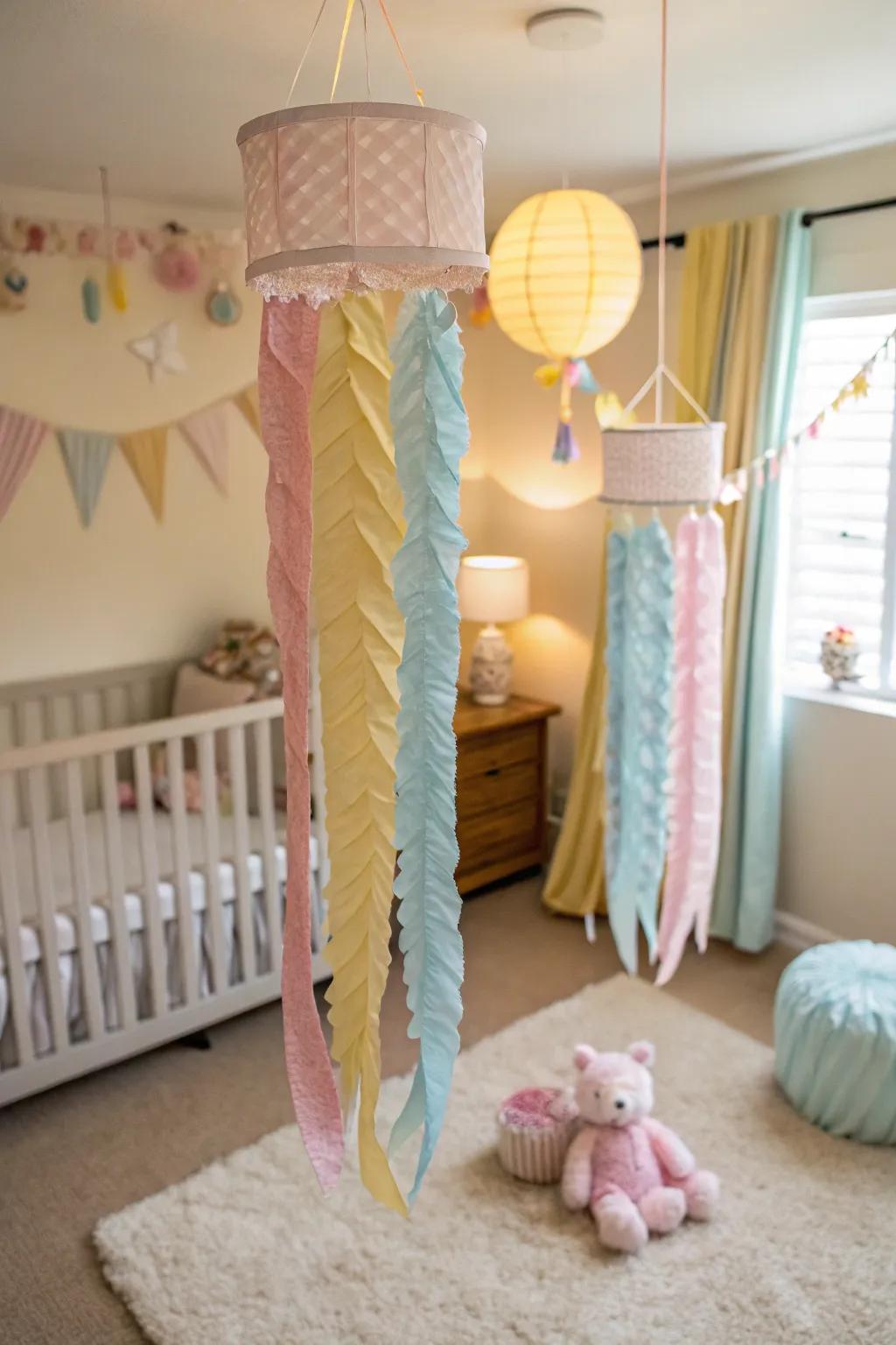 Develop a dreamy ambiance with hanging crepe designs.