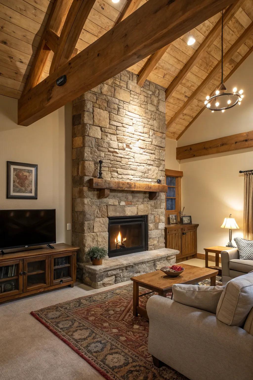 A countryside living space showcasing rock and timber elements surrounding an electric heat center