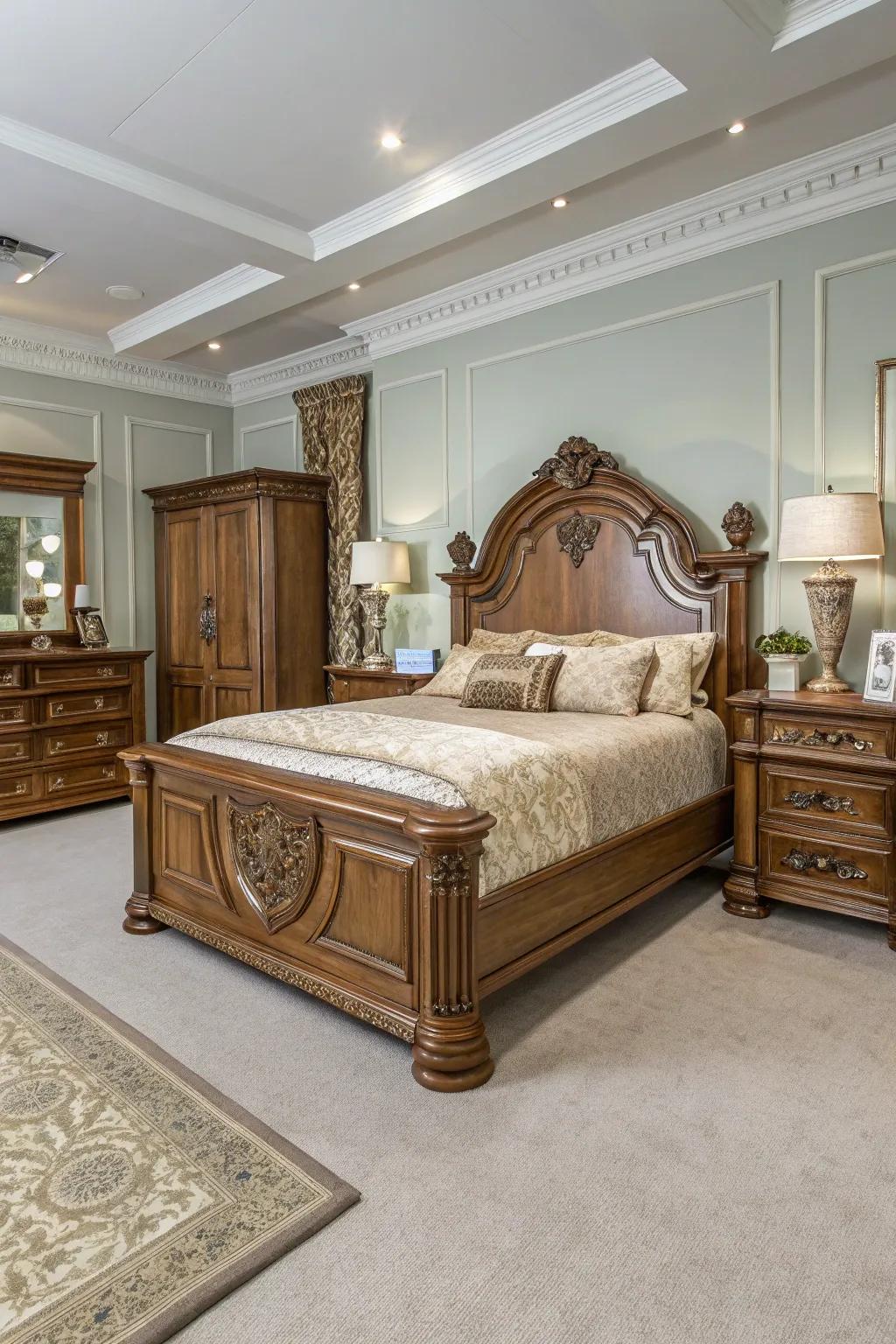 A stylish bedroom featuring high-end wooden furniture.