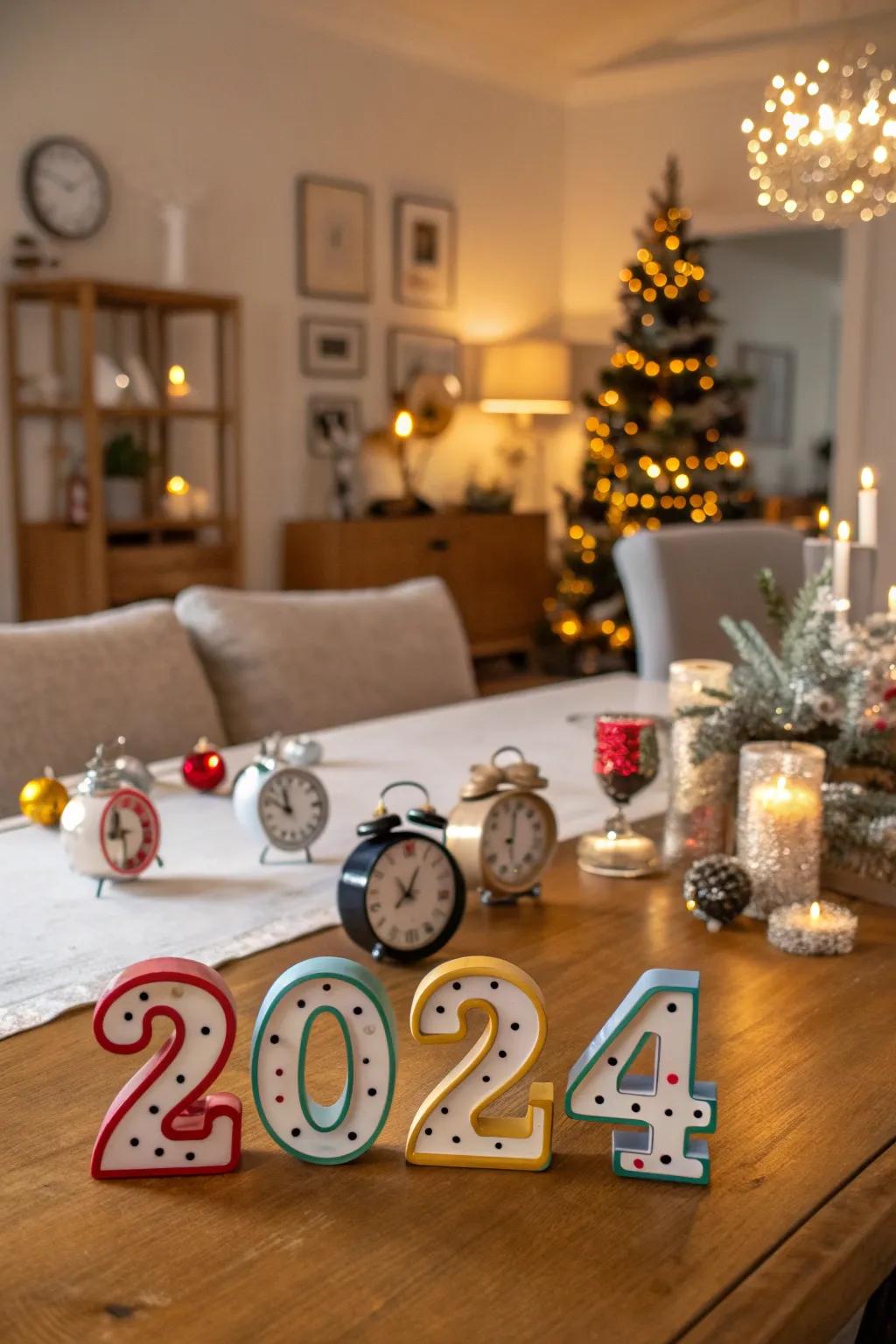 New Year's themed decorations featuring clocks and numbers