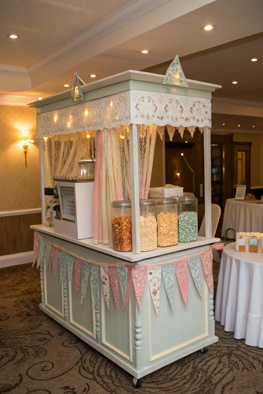 A neatly organized popcorn station, inviting attendees with its stylish and accessible arrangement.