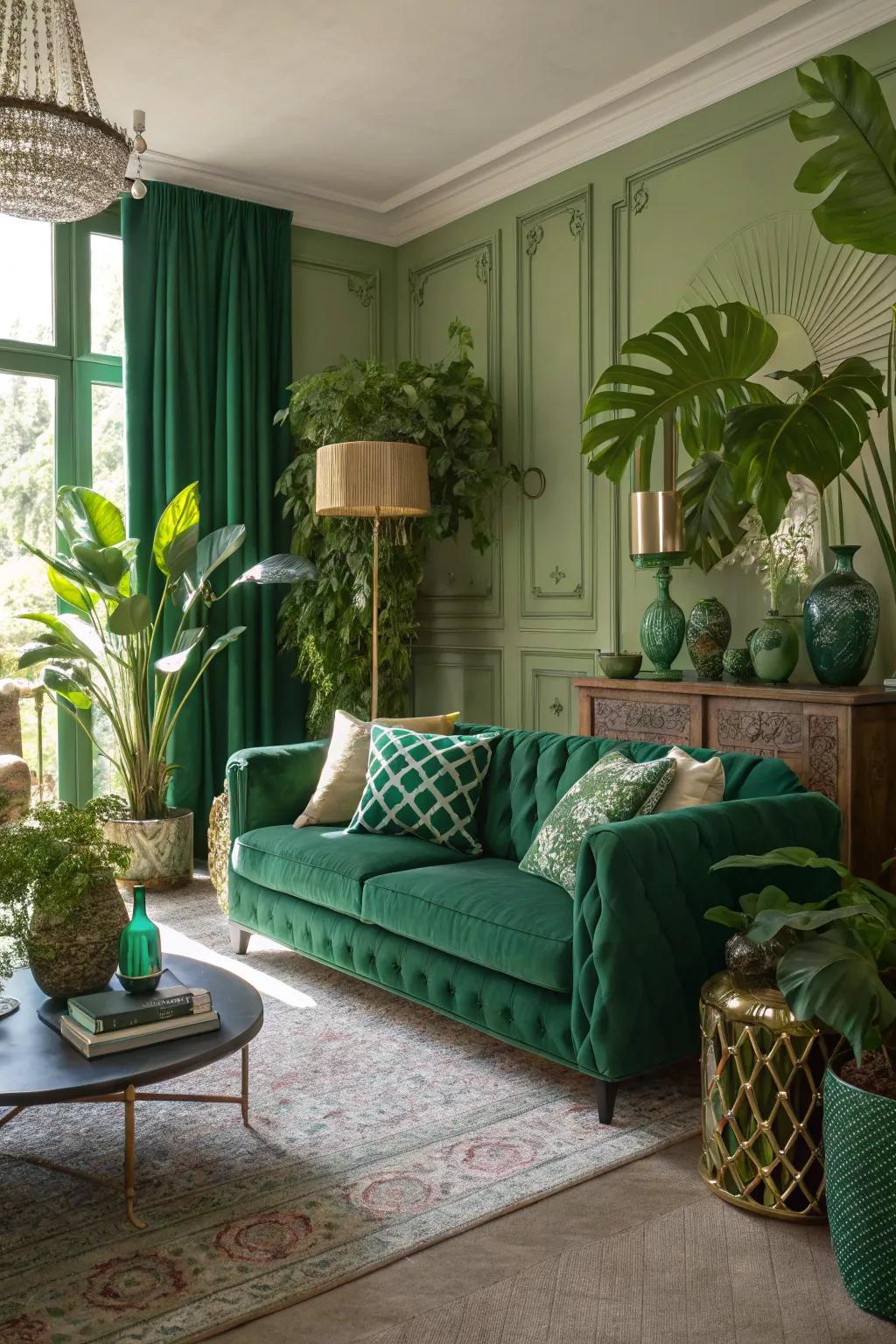 Potted plants complement the forest vibrancy theme wonderfully.