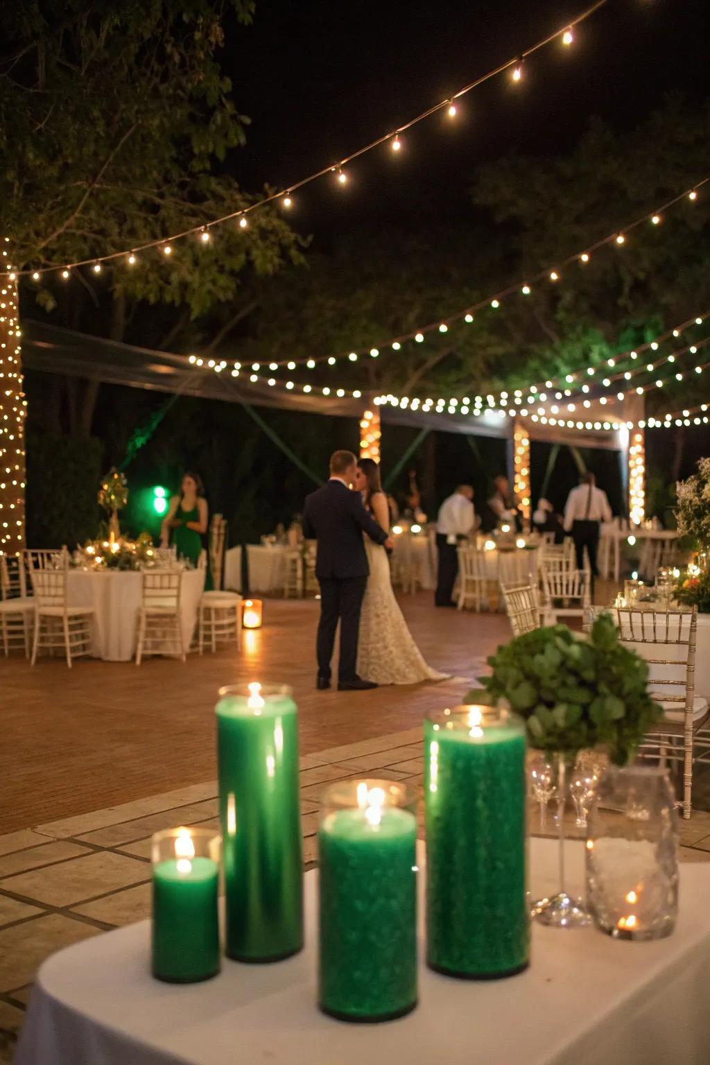 Romantic lighting featuring teal candles.