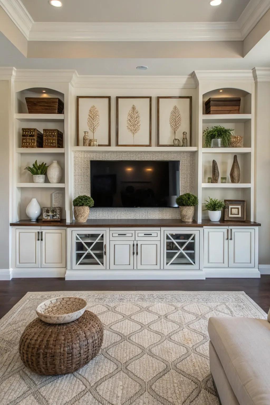 Symmetrical decor components contribute balance to this entertainment space.