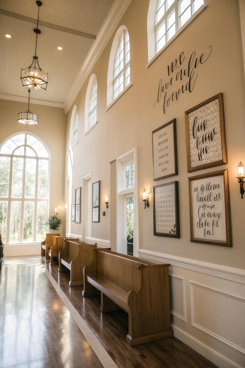 Uplifting phrases on the walls raise spirits in the church foyer.