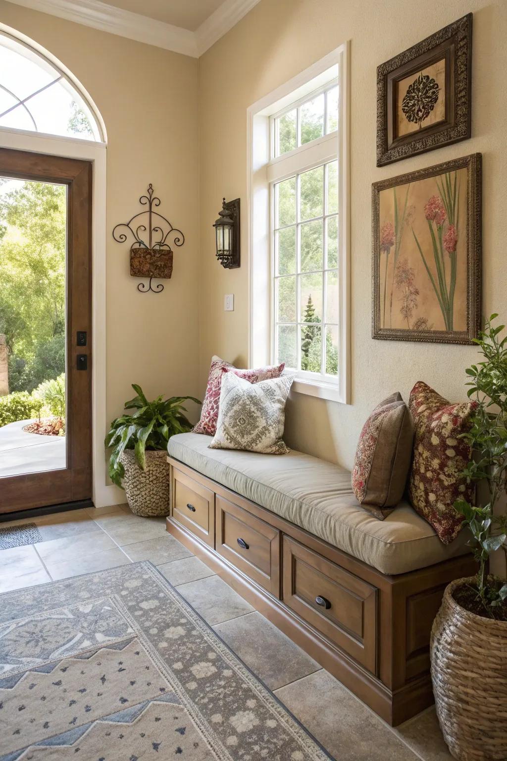 Seating provides comfort and practicality to the entryway.