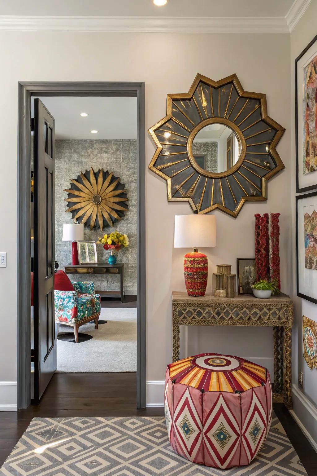 A geometrically designed mirror introduces artistic elegance and becomes a focal point in the entryway.