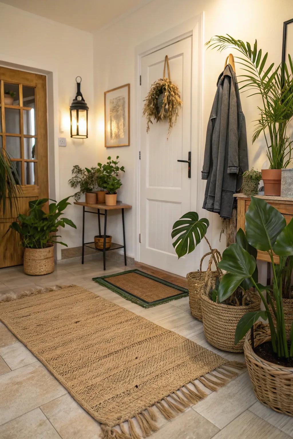 An entryway featuring a jute rug accompanied by plants, fostering a comfortable and inviting vibe.