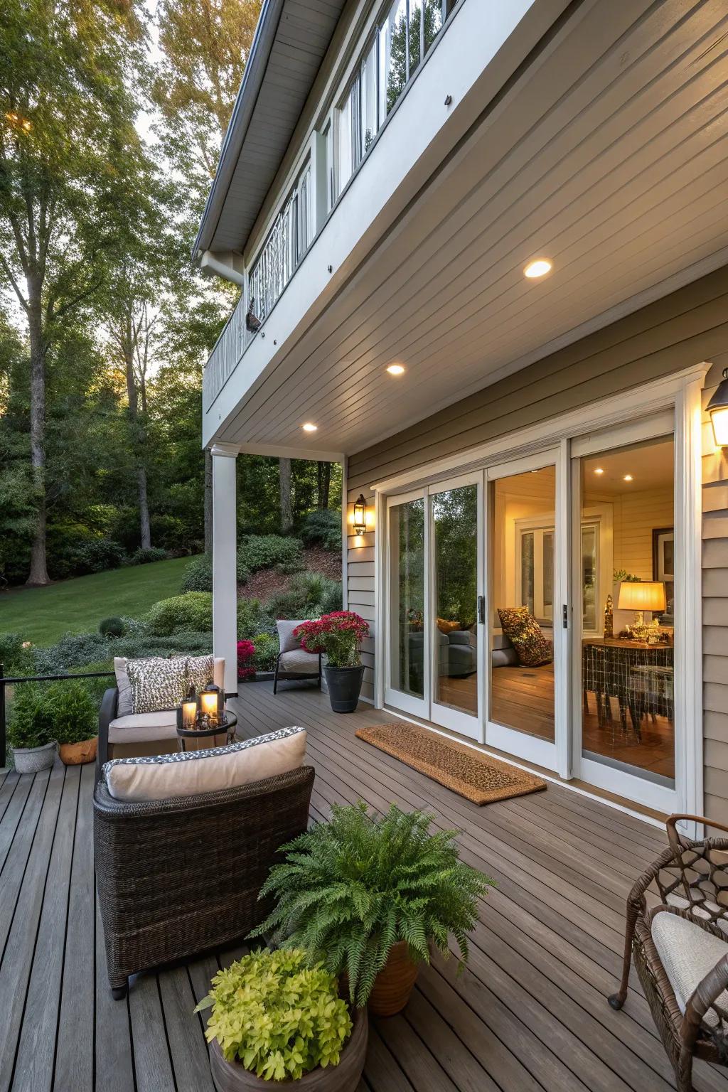 A snug covered porch attached to an exit basement.