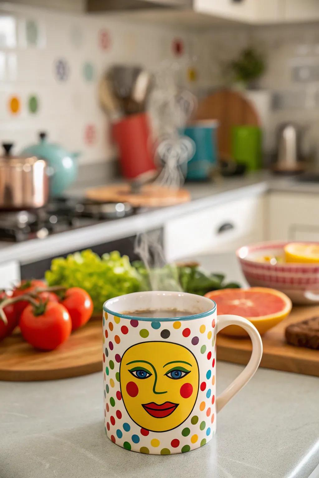 A vibrant facial mug that incorporates a pop of color to any kitchen setting.