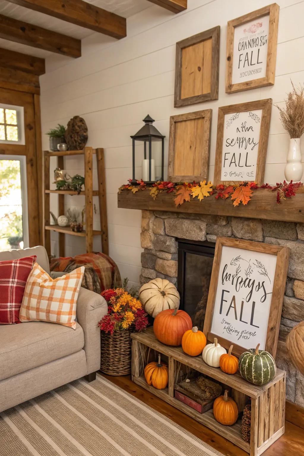 Wooden accents create an earthy vibe in fall decorations.