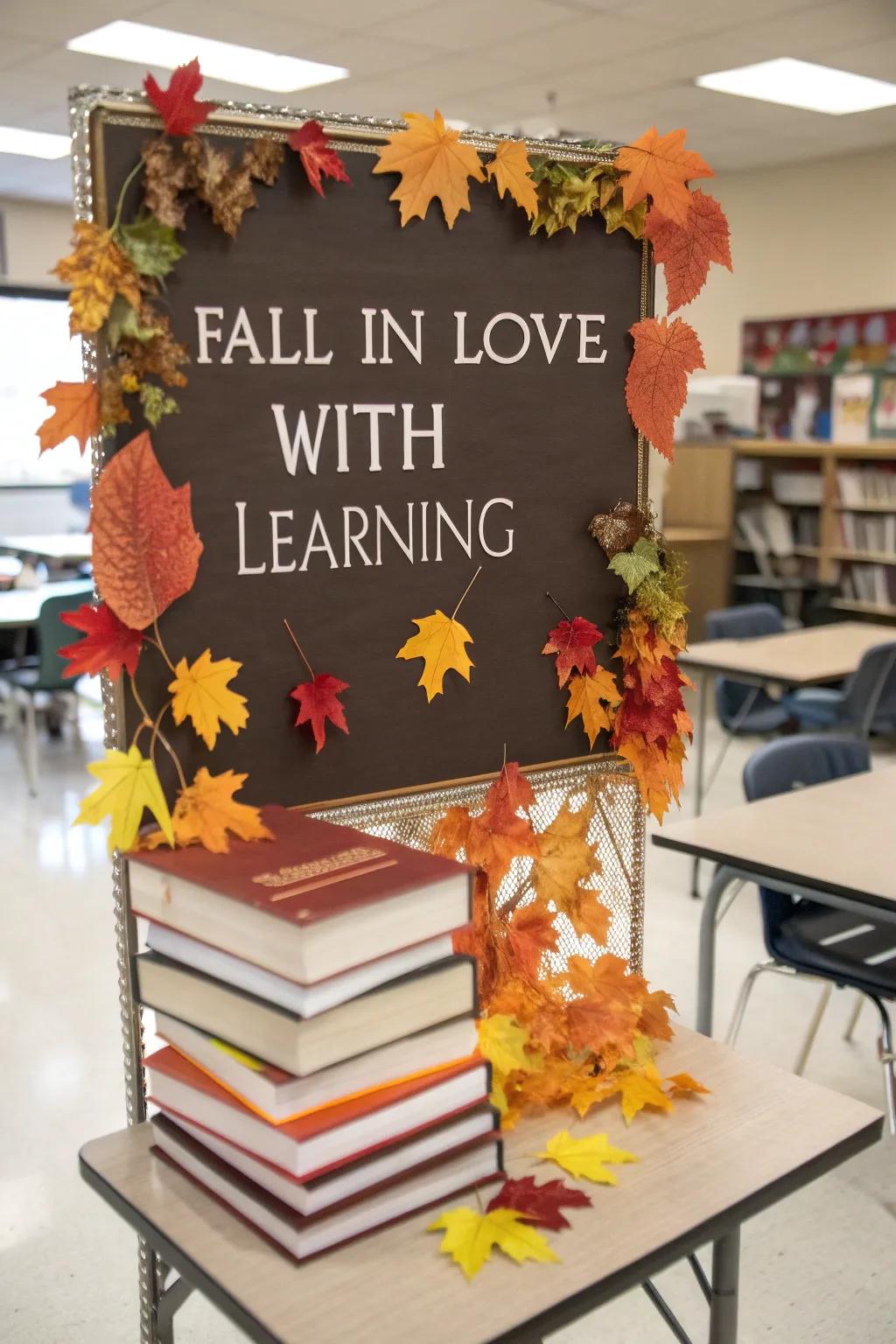 A classroom display board celebrating a passion for learning with an autumnal theme.