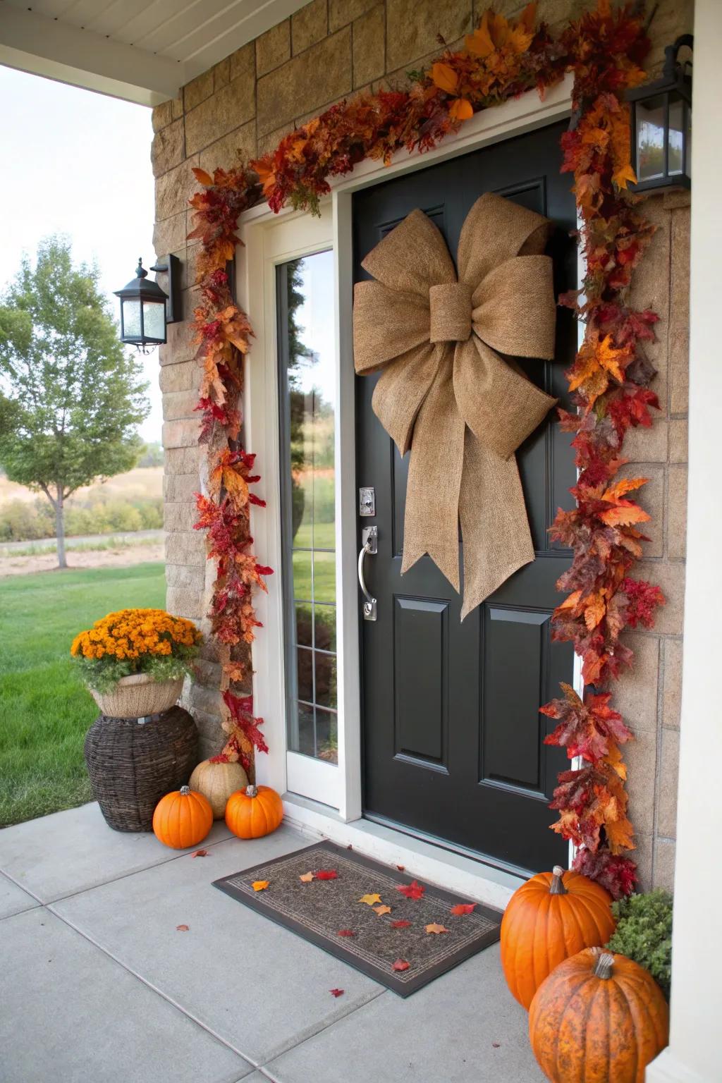 Coarse fabric ties inject a rustic touch to an autumn-decorated door.