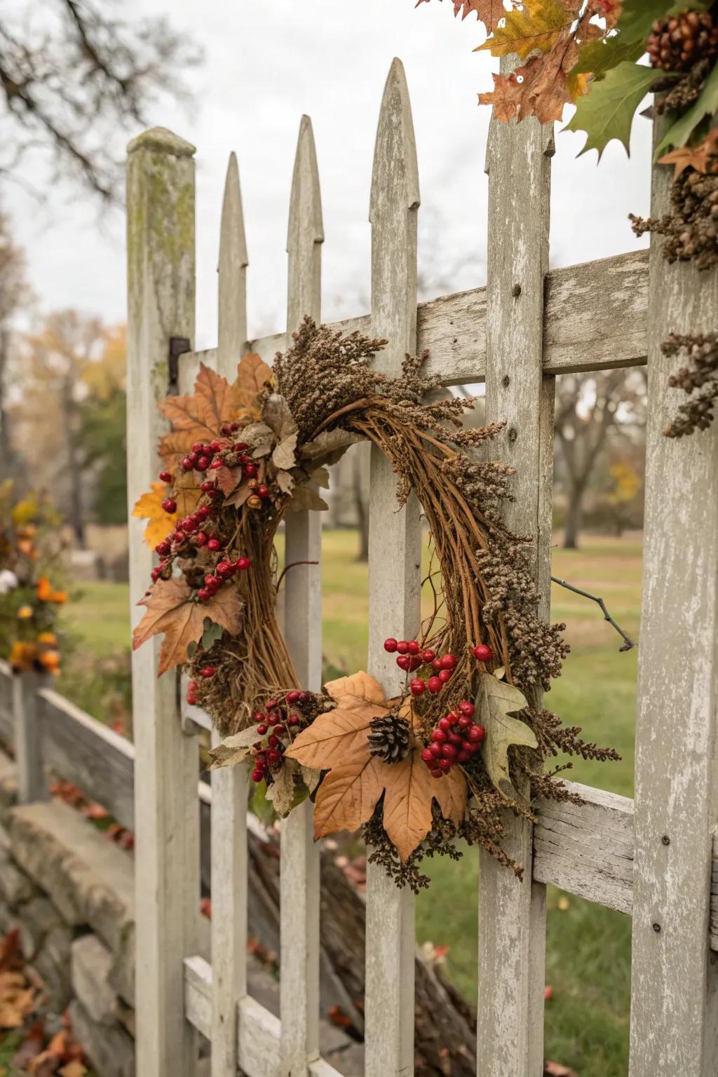 An autumnal wreath comprised of dried foliage and berries decorates the fence.