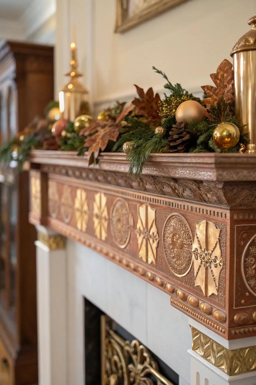 An autumnal fireplace featuring refined bronze and gilded accents.