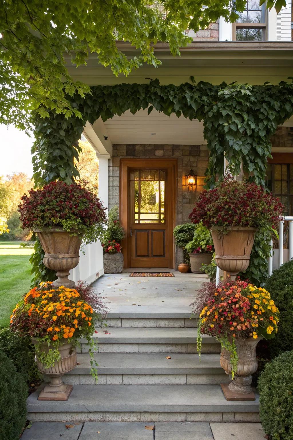A welcoming portal, enhanced by lush containers, sets a warm and inviting atmosphere.