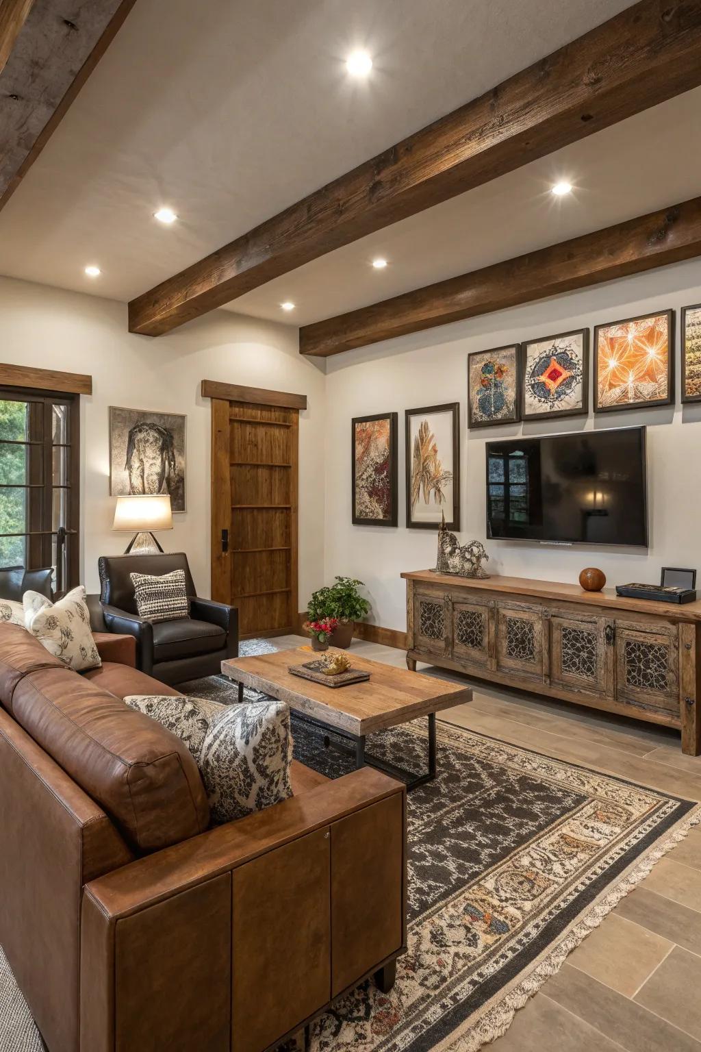 A family room that artfully merges modern and traditional styles.