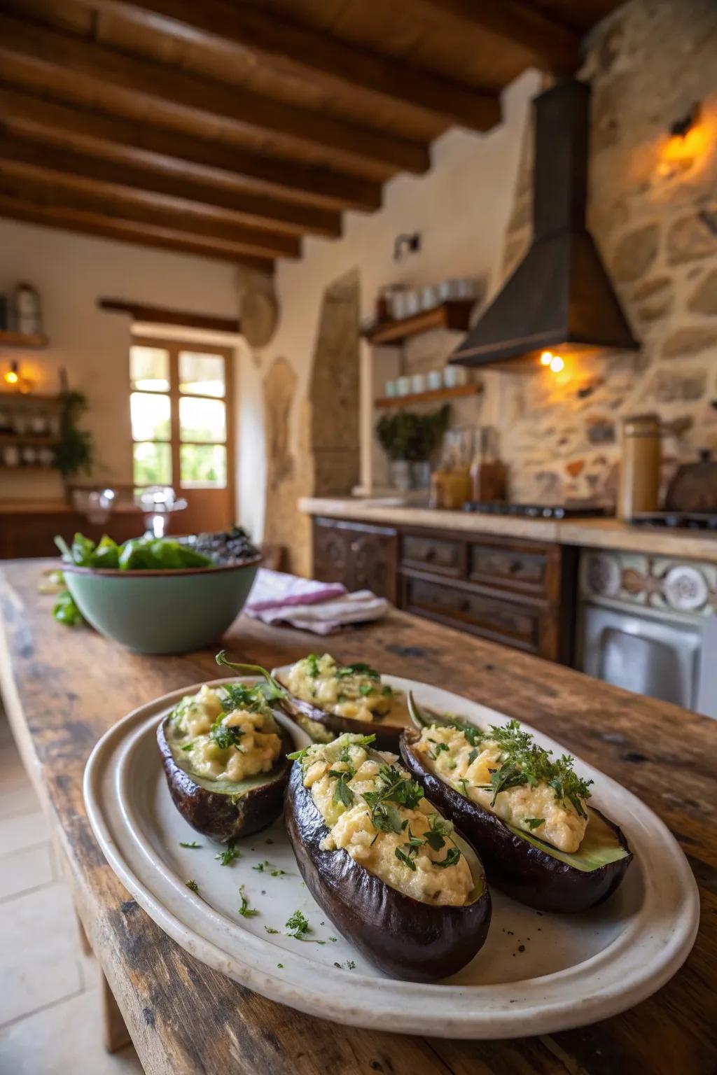Stuffed eggplant with eggs ensures a filling and stylish presentation.