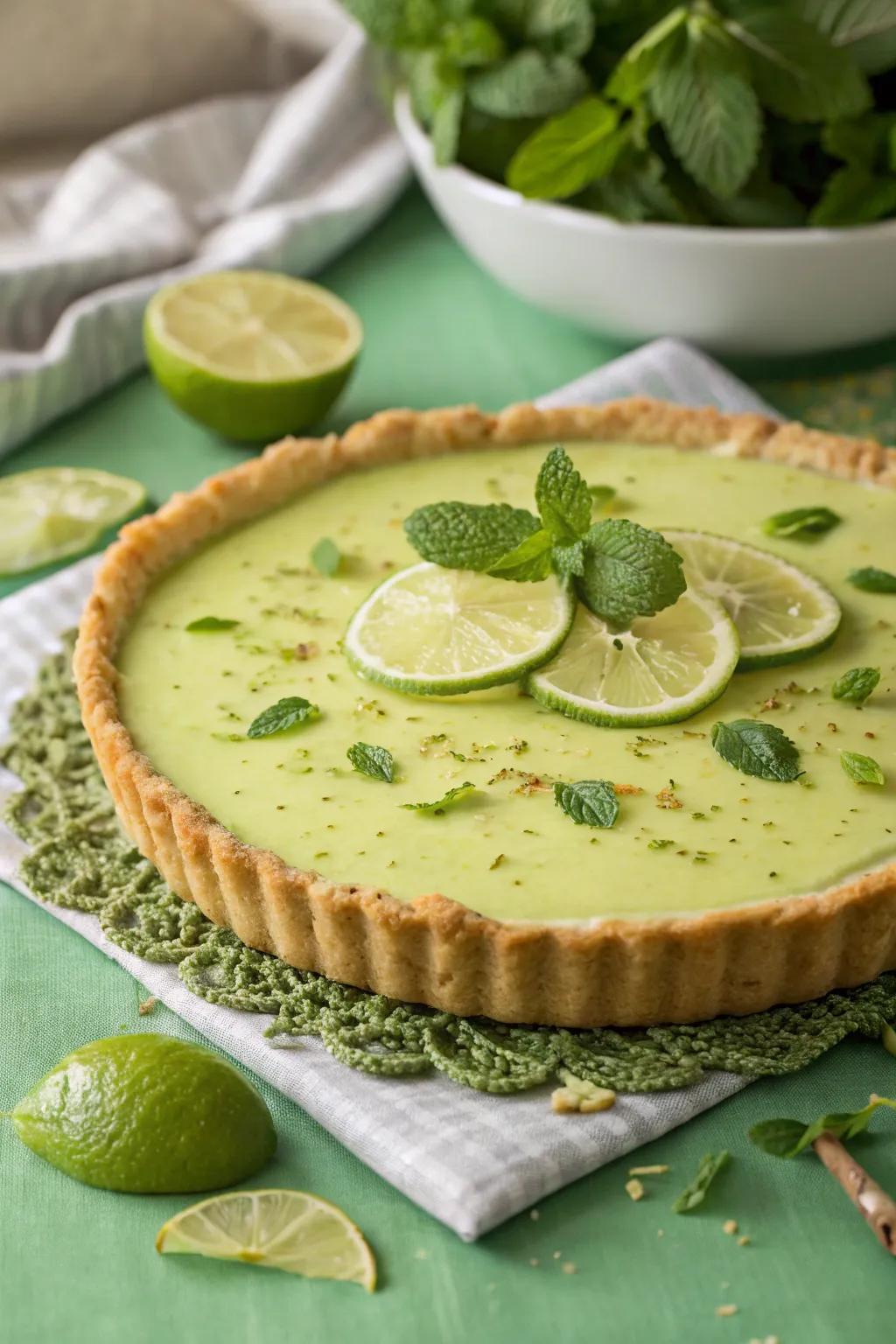 Herb leaves add a refreshing feel to this citrus custard pie.