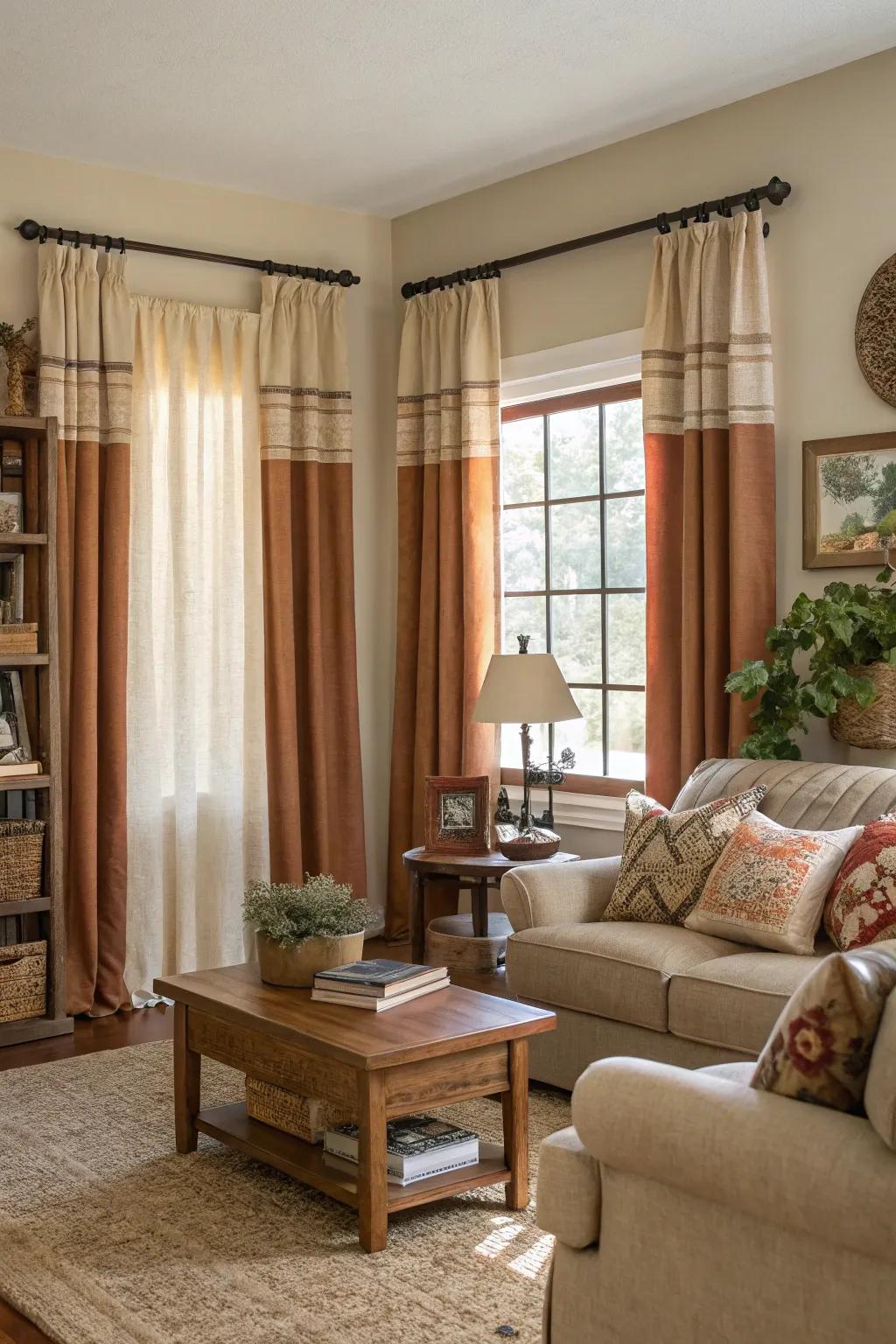 Functional countryside coverings rendering reclusion and panache within a comfy sitting room.